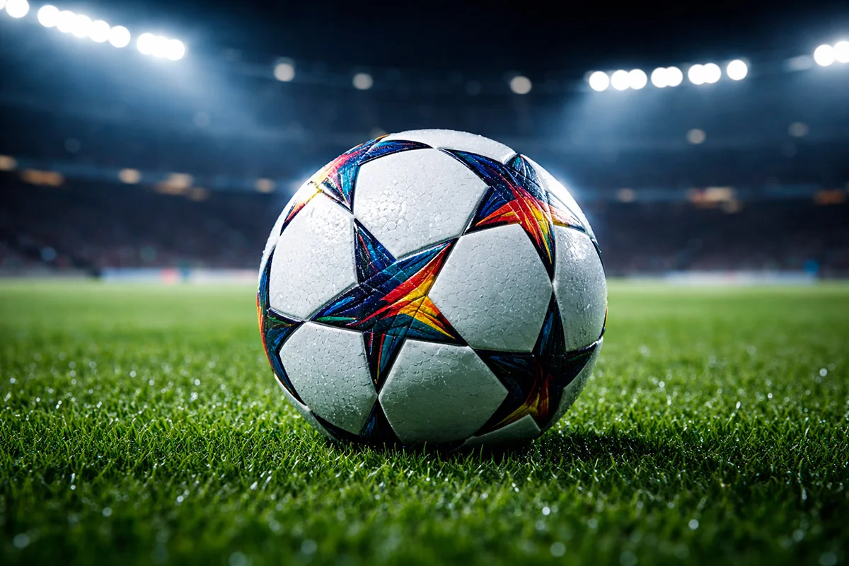 Ballon de football sur pelouse verte de stade avec éclairage nocturne