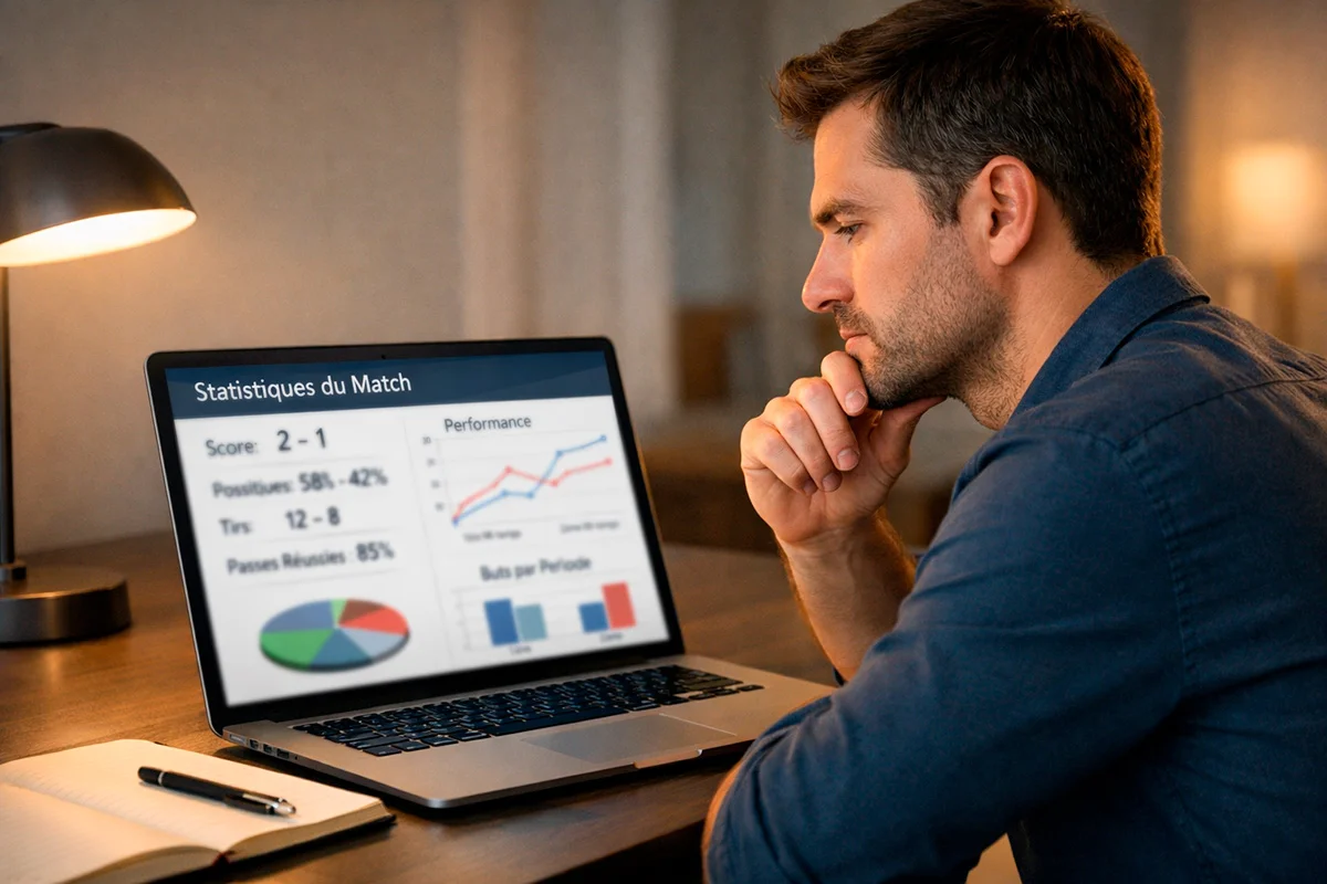 Homme analysant des statistiques de football sur ordinateur portable
