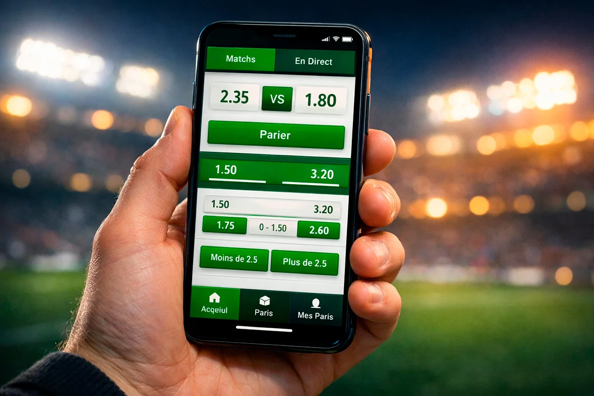 Smartphone affichant application de paris sportifs avec match de football