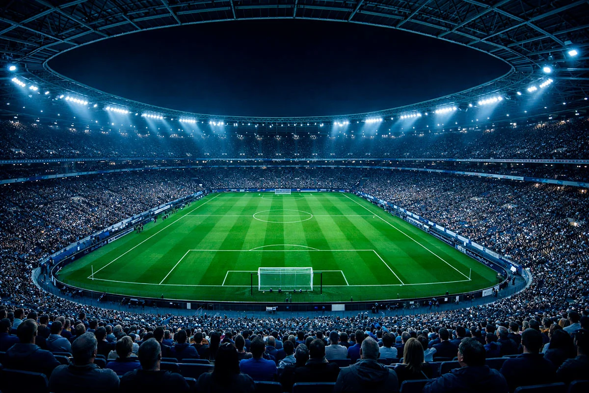 Stade de football moderne illuminé lors d'une soirée de Ligue des Champions