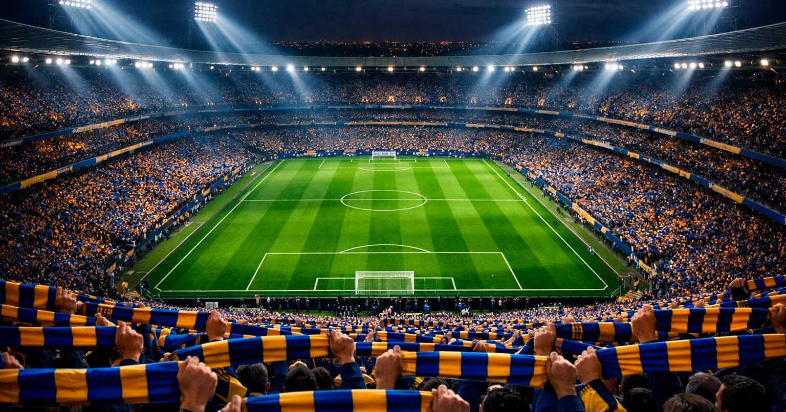 Stade de football illuminé en soirée pour un match de Ligue des Champions